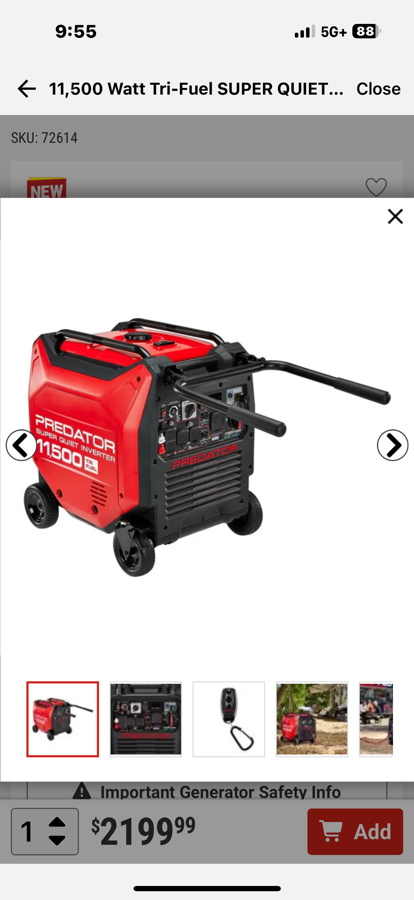 11,500 Watt tri fuel generator